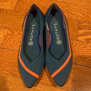 Rothy’s Sz 9 Pointed Knit Flats Teal Blue Neon Stripe Flats RARE RETIRED Unicorn